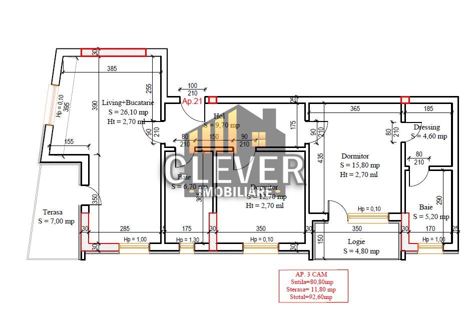 Ap 3 Camere | 92.6 mp | 2 balcoane  | Comision 0% | Pallady - Schiță 12