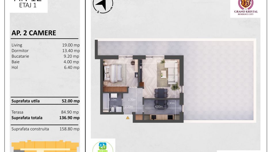The Grand Kristal - 2 camere decomandate si terasa 85 mp, Sector 4 - Schiță 5