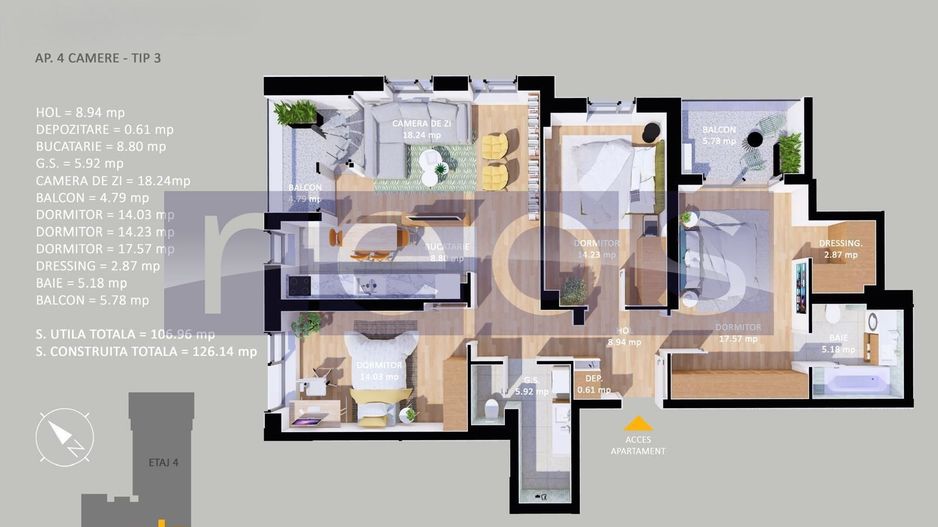 VANZARE APARTAMENT LA CHEIE | 4 CAMERE | 107MP | TERASA 75 MP| PARCARE - Schiță 15