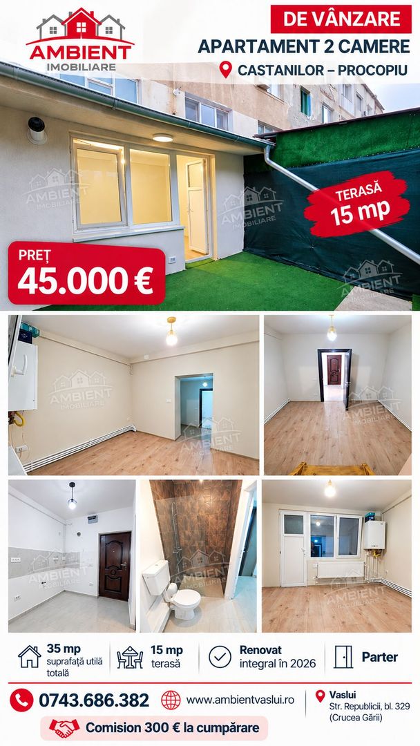 Apartament cu 2 camere, parter, renovat total, VASLUI - zona PROCOPIU; - Poză 1