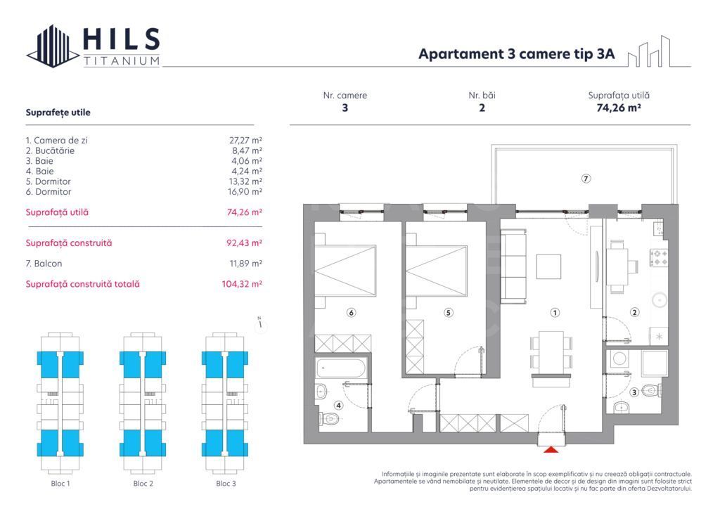 Apartament cu 3 camere tip 3 A , sectorul 3, București - Poză 2