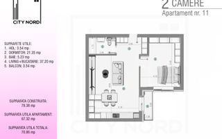 Apartament 11 / 23 – 2 camere – 67.3 mp – Balcon – Etaj 1 / Etaj 2 - Poză 1