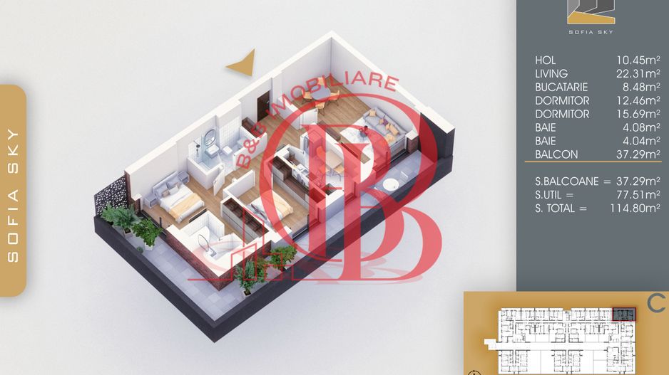 Finalizat-3 camere-2 bai-Terasa 37mp-7min Metrou N. Teclu - Schiță 8