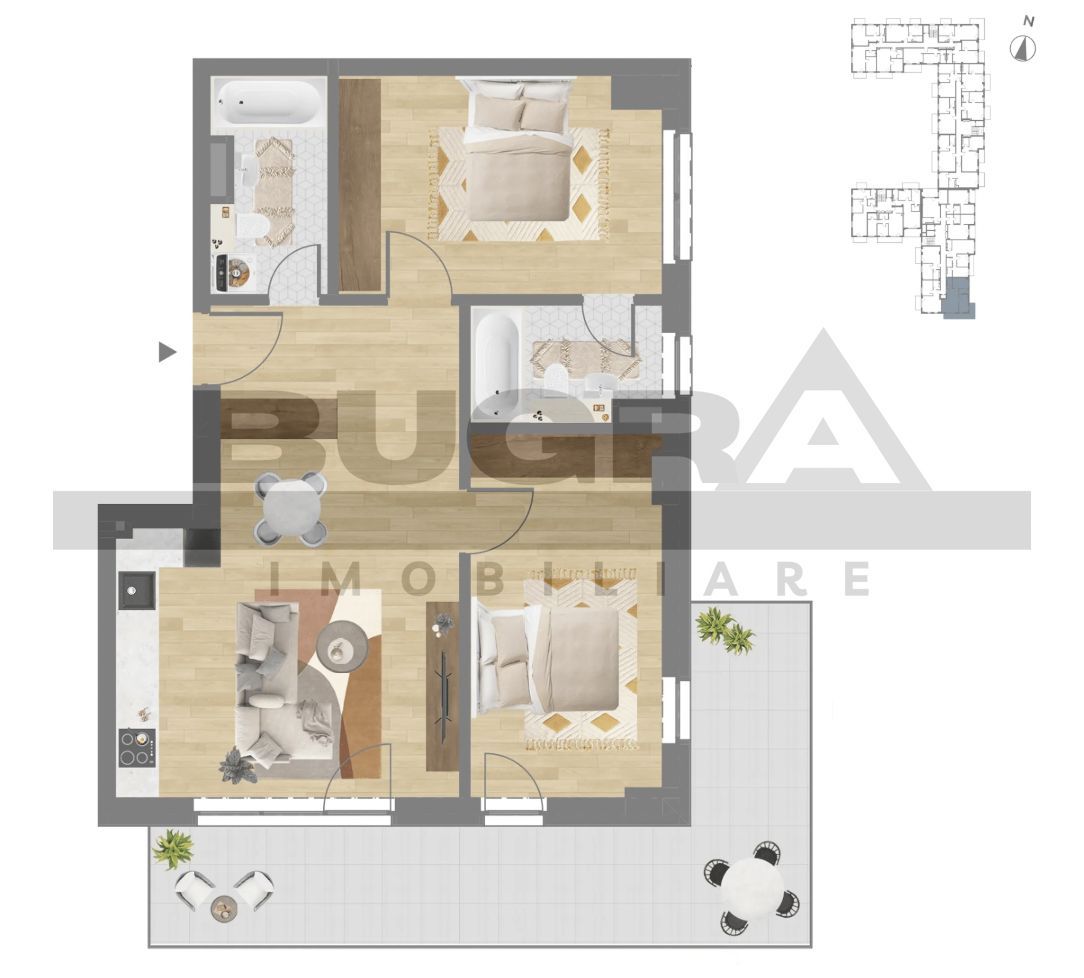 Apartament 3 camere, 72 mp, terasa, garaj, zona C. Coposu - Poză 1