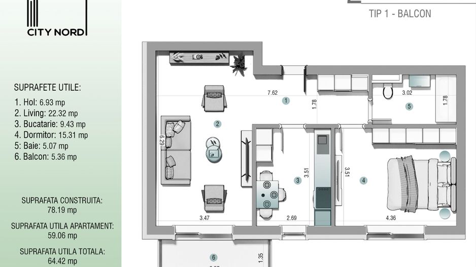 Apartament 2 camere - 64.4 mp utili - CITY NORD 1 Decembrie - Poză 1