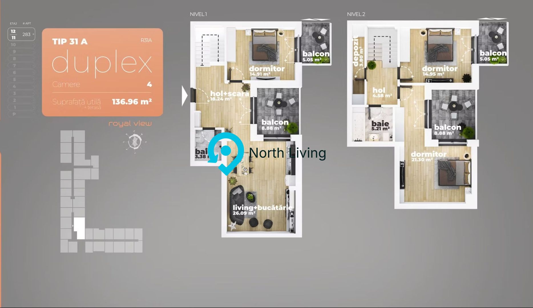 Duplex 4 camere, 91 mp + 38 mp terase, Sun Royal View - Piața Sudului - Poză 11