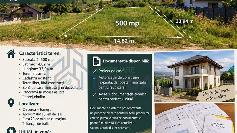 Teren intravilan de vânzare în Chicerea – Tomești, 500 mp, cu proiect de casă disponibil - Poză 1