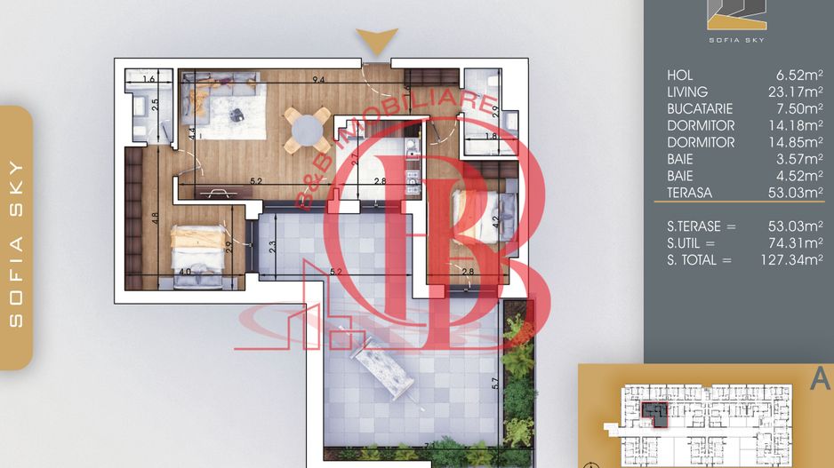 3 Camere-Terasa 53mp-7min Metrou Teclu-Direct Dezvoltator - Schiță 3