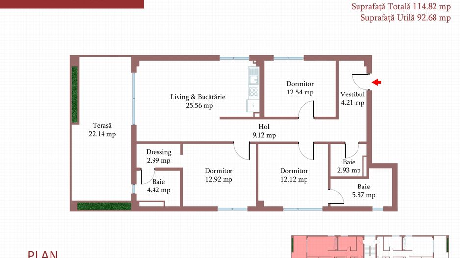 4 camere cu TERASA de 22 mp, 3 bai, etaj 2/3, FINISAT MODERN,  COMISION 0% - Schiță 5