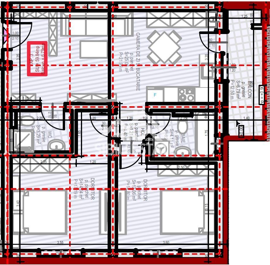 Apartament 3 Camere, et.1, 2 Băi și Balcon - Schiță 10