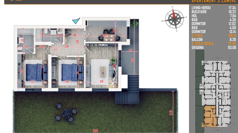 3 camere cu gradina- parcare bonus -  Pallady -  comision 0% - Schiță 7