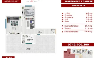 2 Camere, finalizat, 108 mp Utili,  Terasa 51 mp, Str. Oboga, Militari, Sector 6 - Schiță 20