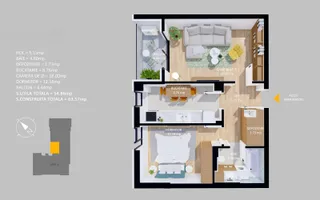 VANZARE APARTAMENT LA CHEIE-MOBILAT | 2 CAMERE | 55MP | TERASA-PARCARE - Schiță 14