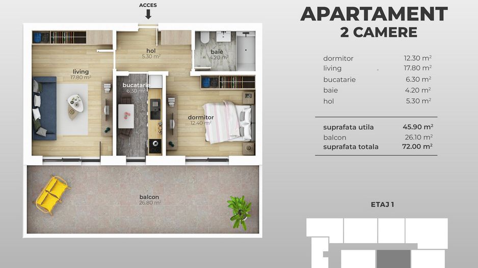 Apartament nou 2 camere si balcon 26 mp, bloc finalizat, Brancoveanu - Schiță 7