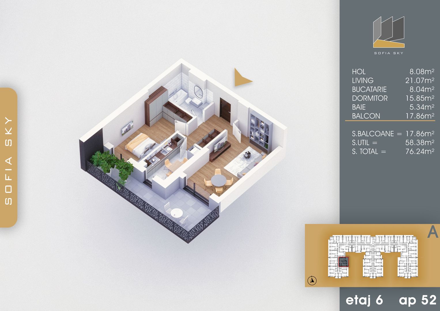 2 camere cu balcon generos 7 min de M Nicolae Teclu - Schiță 1