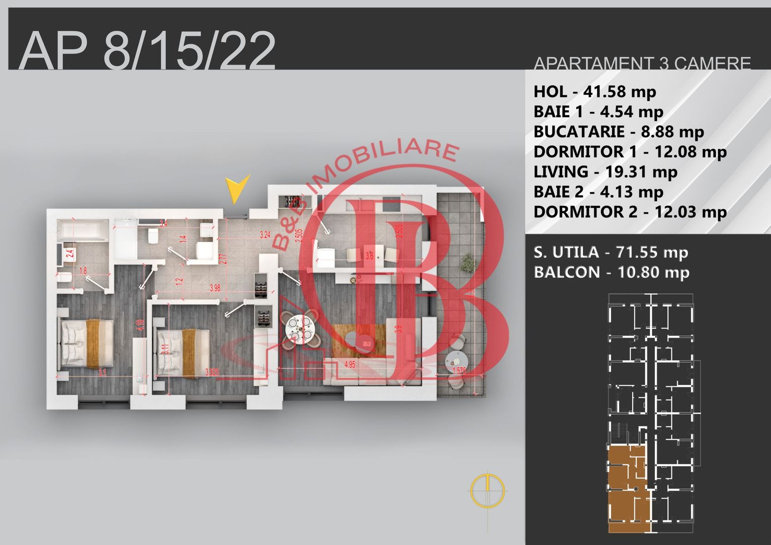 3 camere decomandat bloc boutique 7min STB Bratarii - Schiță 9