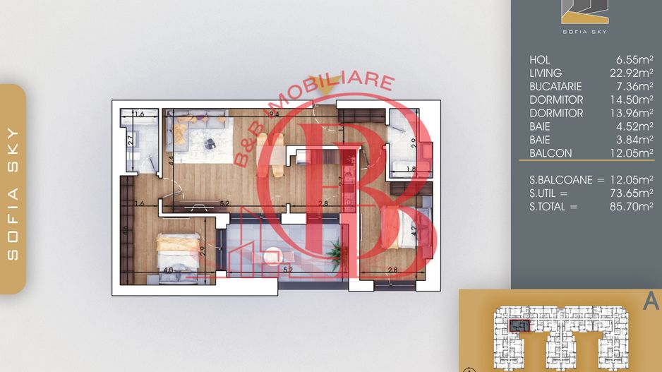 3 camere Bloc Finalizat Incalzire in pardoseala 7 min Metrou - Schiță 3