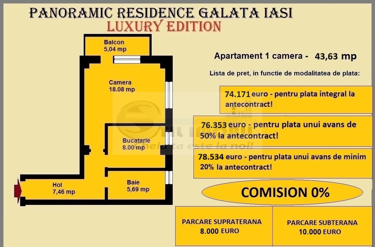Apartament 1 camera de vanzare in Iasi, Galata, 43.63 mp, baie cu geam - Poză 2