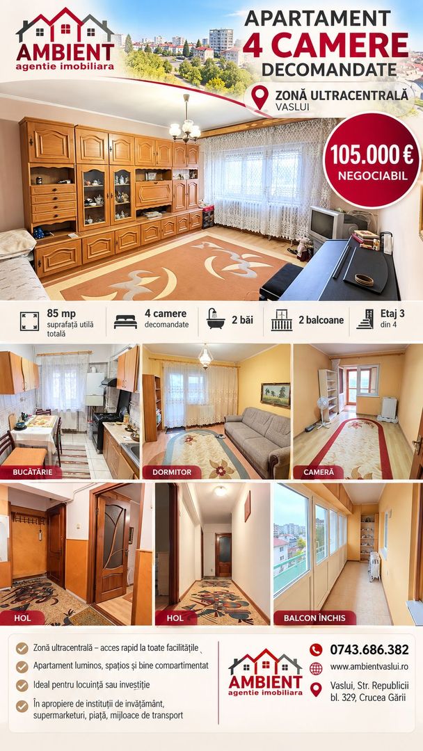 Apartament cu 4 camere, etaj 3, VASLUI zona Ultracentrală; - Poză 1