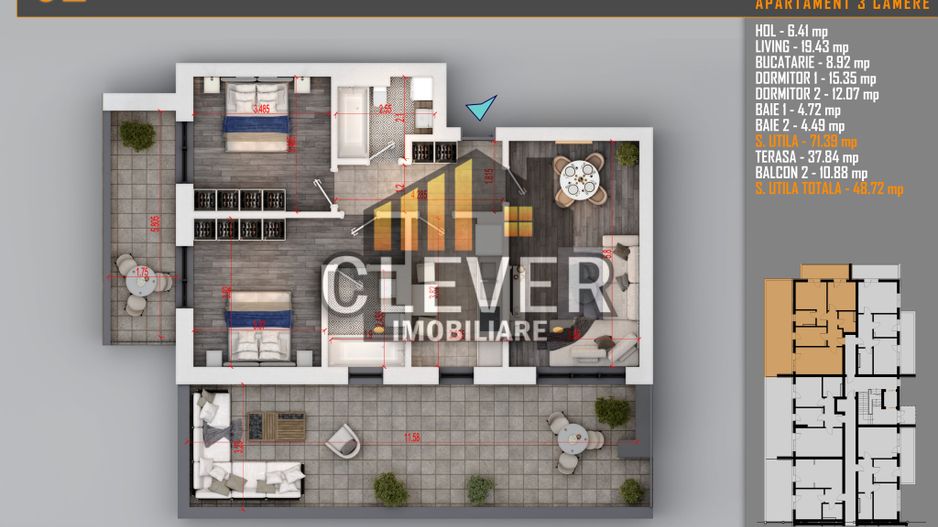 3 Camere, 2 Băi, Terasă 34 mp,Comision 0, Pallady - metrou Teclu - Schiță 7