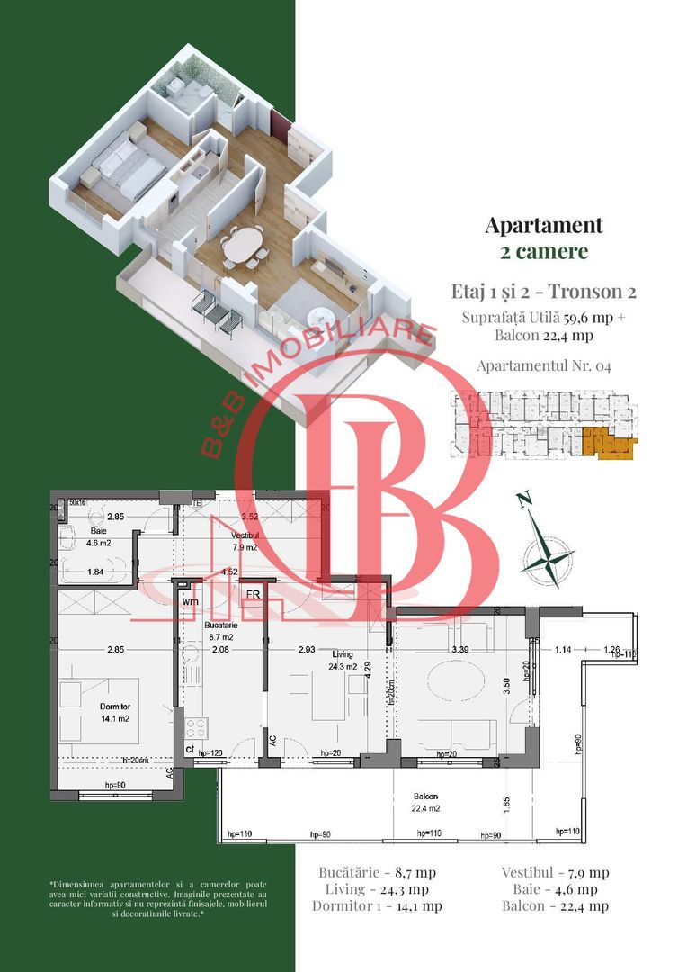 Apartament 2 camere Living generos cu Dining-Theodor Pallady - Schiță 6