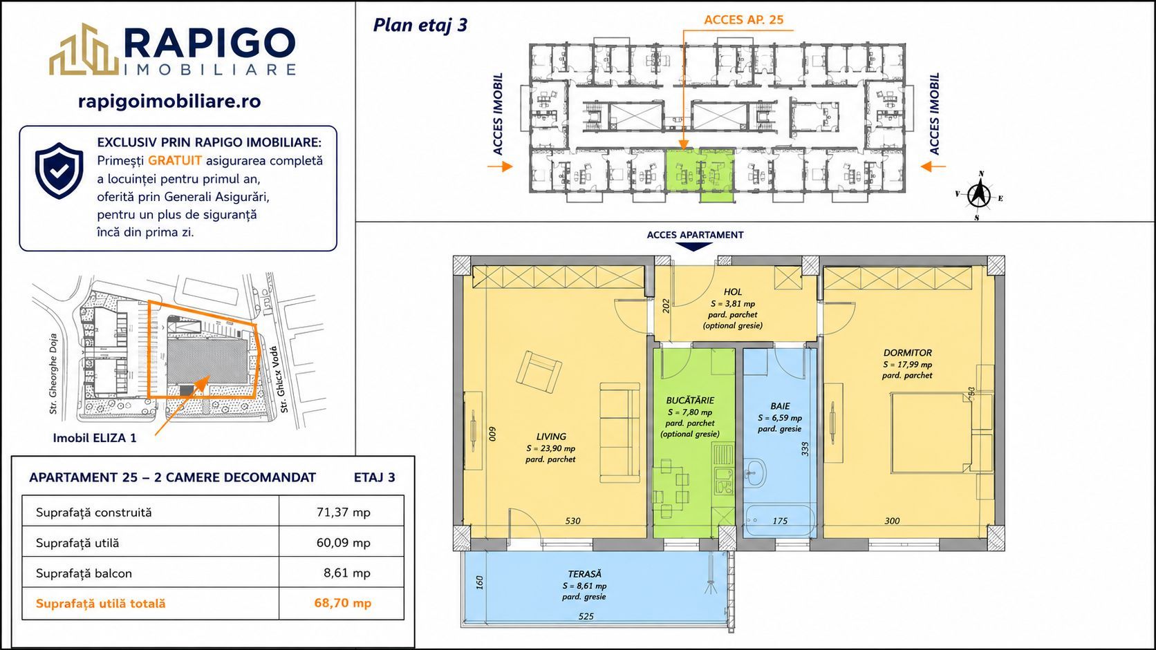 Apartamentul nr. 25 | 2 camere decomandat | Etaj 3 | Terasă 8,61 mp | - Poză 1