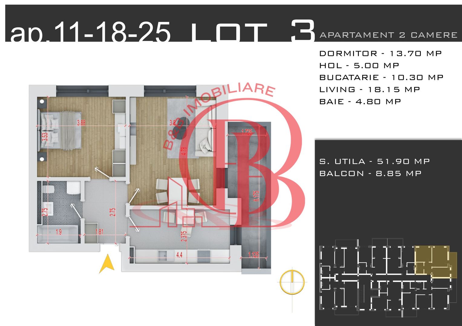 2 camere decomandat -parcare inclusa -Pallady - Schiță 2