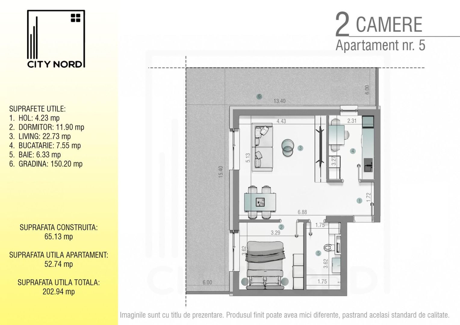 Apartament 5 – 2 camere – 52.7 mp – Grădină – Parter - Poză 1