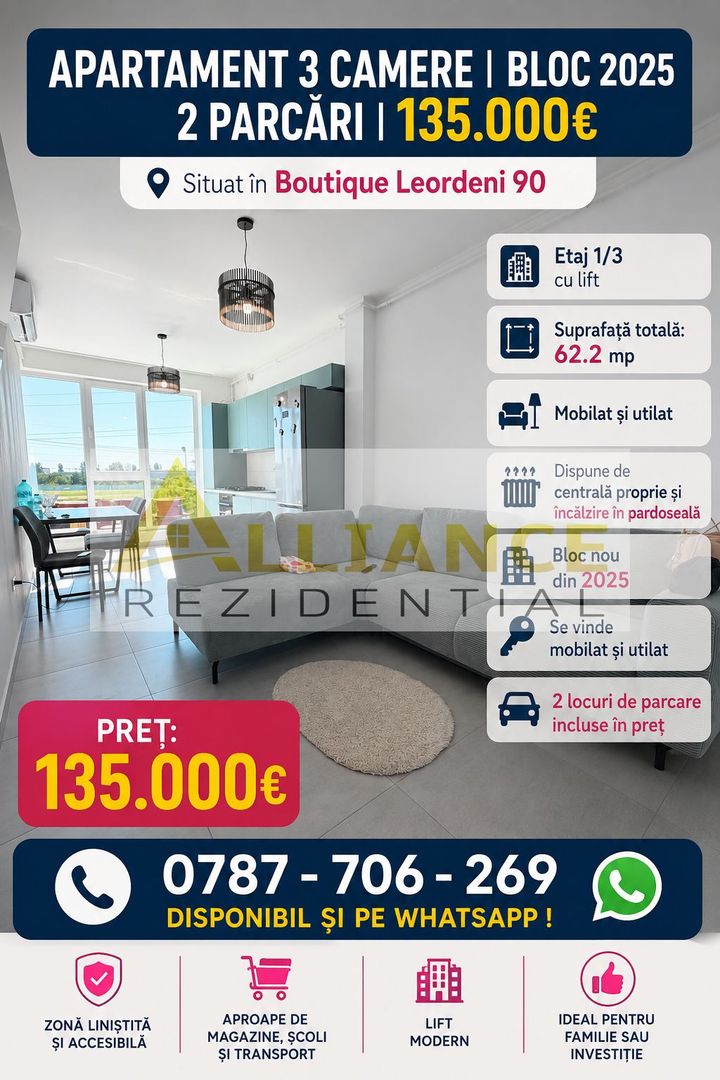 Apartament 3 camere | Bloc 2025 | 2 parcări | 135.000€ - Poză 1