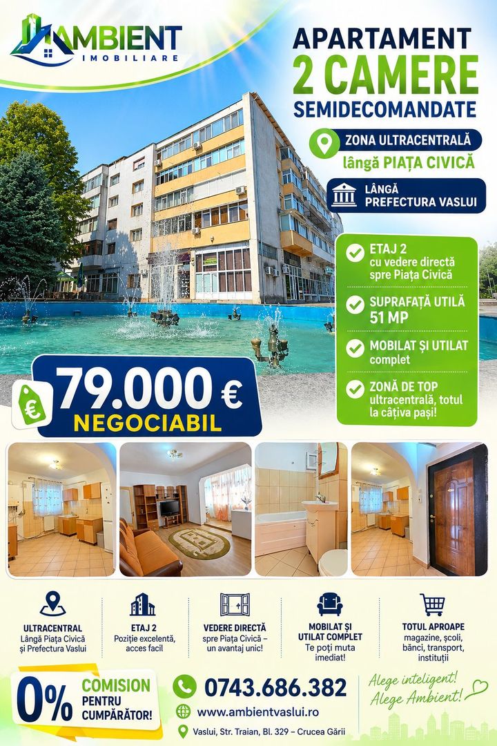 Apartament cu 2 camere, etaj 2, mobilat și utilat, VASLUI - zona ULTRACENTRAL; - Poză 1