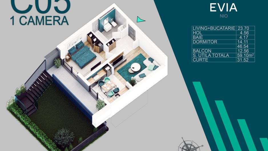 2 camere cu gradina proiect premium Metrou Nicolae Teclu - Schiță 6