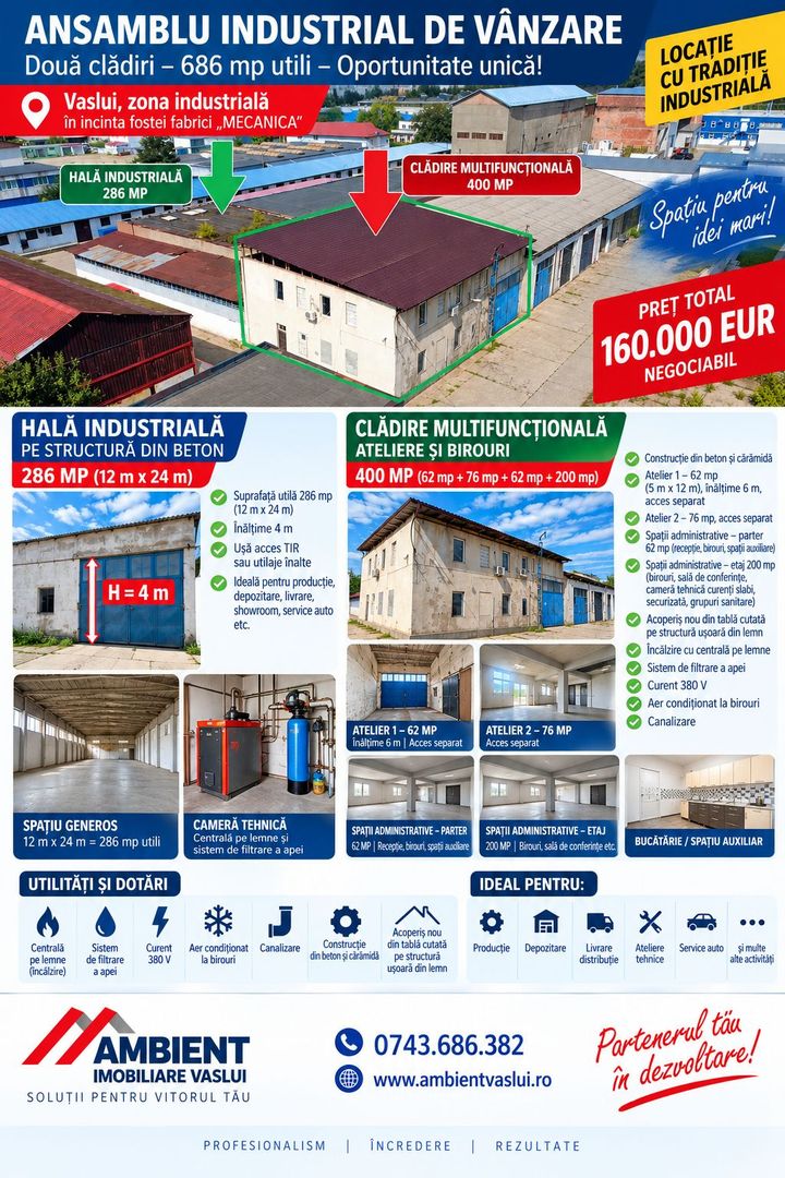 ANSAMBLU INDUSTRIAL HALĂ + CLADIRE BIROURI, 686 mp, VASLUI - ZONA INDUSTRIALĂ - Poză 1