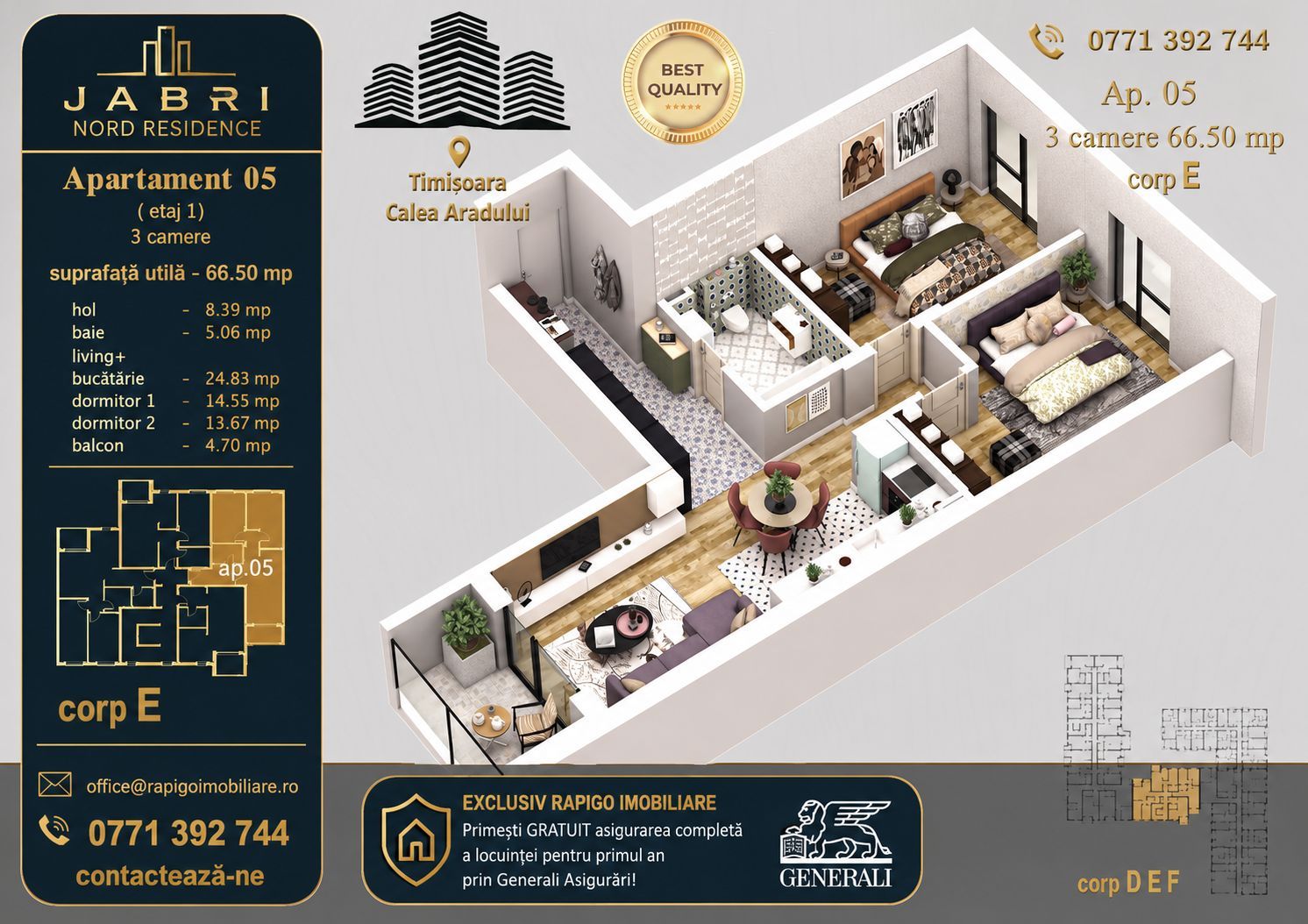 Apartament 05, Corp E – 3 camere | 66,50 mp | Jabri Nord Residence - Poză 1
