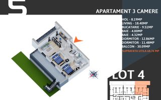 3 camere cu gradina -parcare inclusa -Pallady - Schiță 2