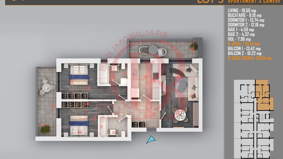 Apartament 3 camere Titan Th. Pallady-Sector 3-Metrou Teclu - Schiță 2