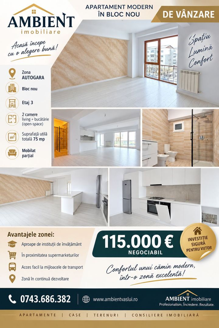 Apartament cu 2 camere, 90 mp, etaj 3, bloc NOU,  zona GARA; - Poză 1