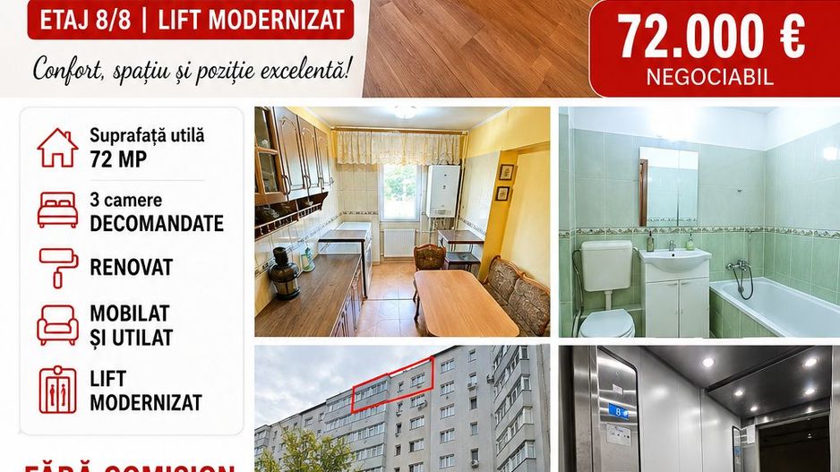 Apartament cu 3 camere, etaj 8, mobilat și utilat, zona GARĂ; - Poză 1