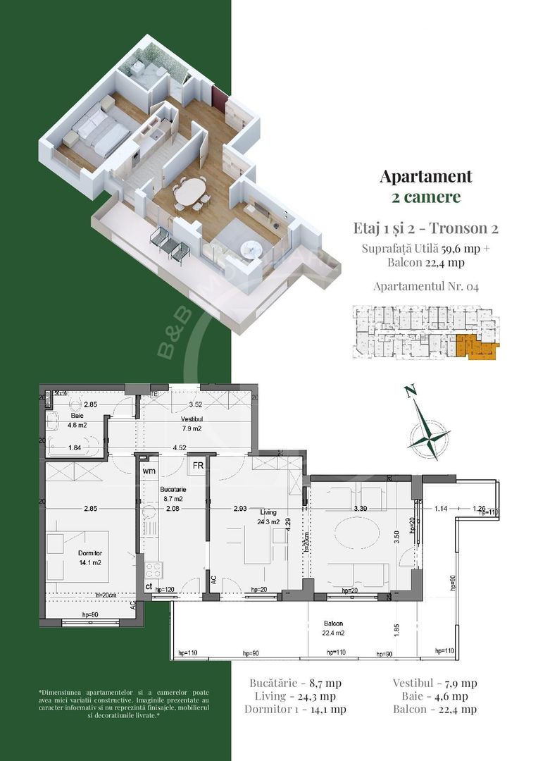 Apartament 2 camere Living generos cu Dining-Theodor Pallady - Schiță 6