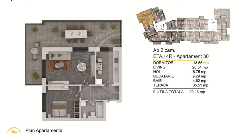 Th. Pallady-2 camere cu Terasa si Loc de parcare Gratuit - Schiță 1