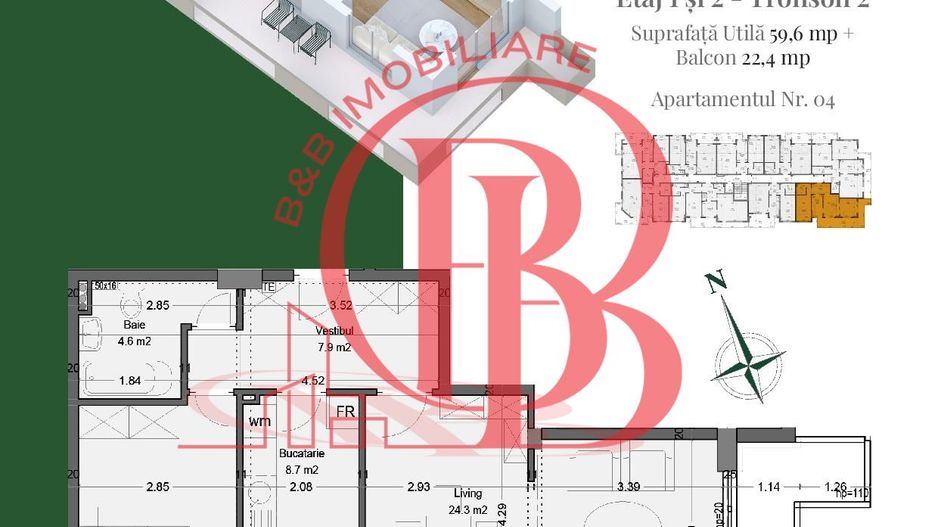 Apartament 2 camere Living generos cu Dining-Theodor Pallady - Schiță 6