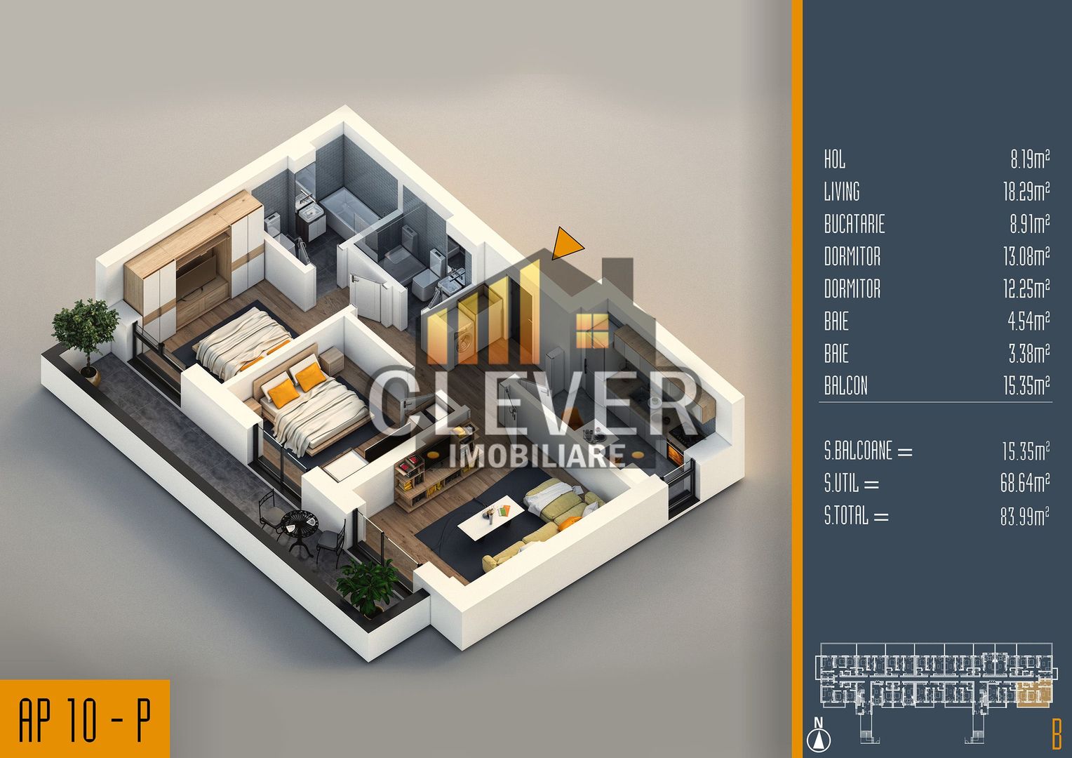 Apartament 3 camere decomandat | Balcon 15 mp - Pallady - Schiță 11