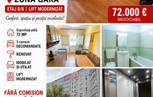 Apartament cu 3 camere, etaj 8, mobilat și utilat, zona GARĂ;