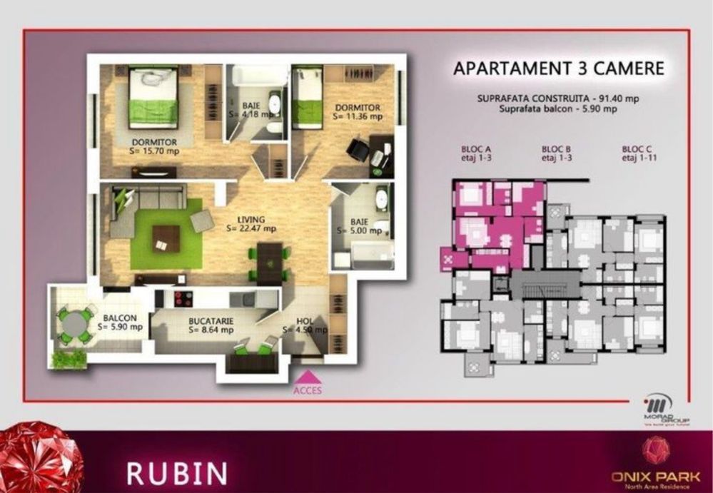 3 camere complet mobilat si utilat in Onix Park North Residence Pipera - Poză 8