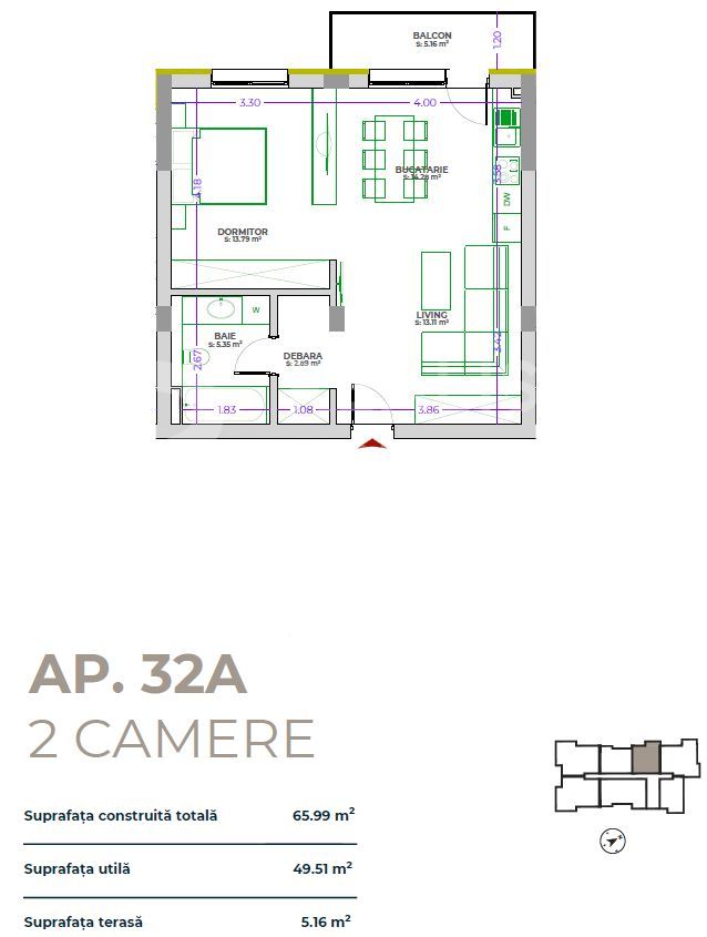 Vânzare, apartament cu 2 camere, zona Tractorul - Schiță 5