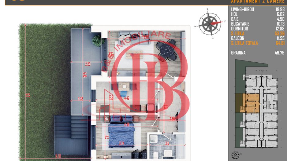 2 camere cu gradina si parcare bonus - Titan Pallady - Schiță 7