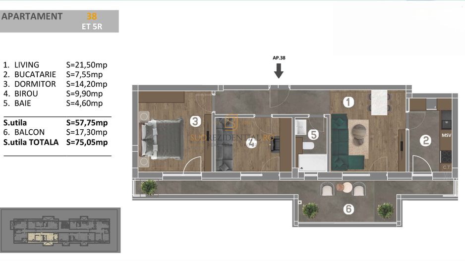 Apartament nou, aproape de Grand Arena Mall - 3 camere, finisat modern - Schiță 6