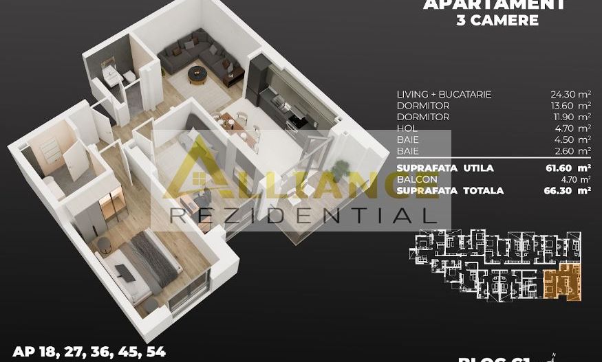 Sky Garden Pasarela Ap 3 camere cu 2 bai - Poză 13
