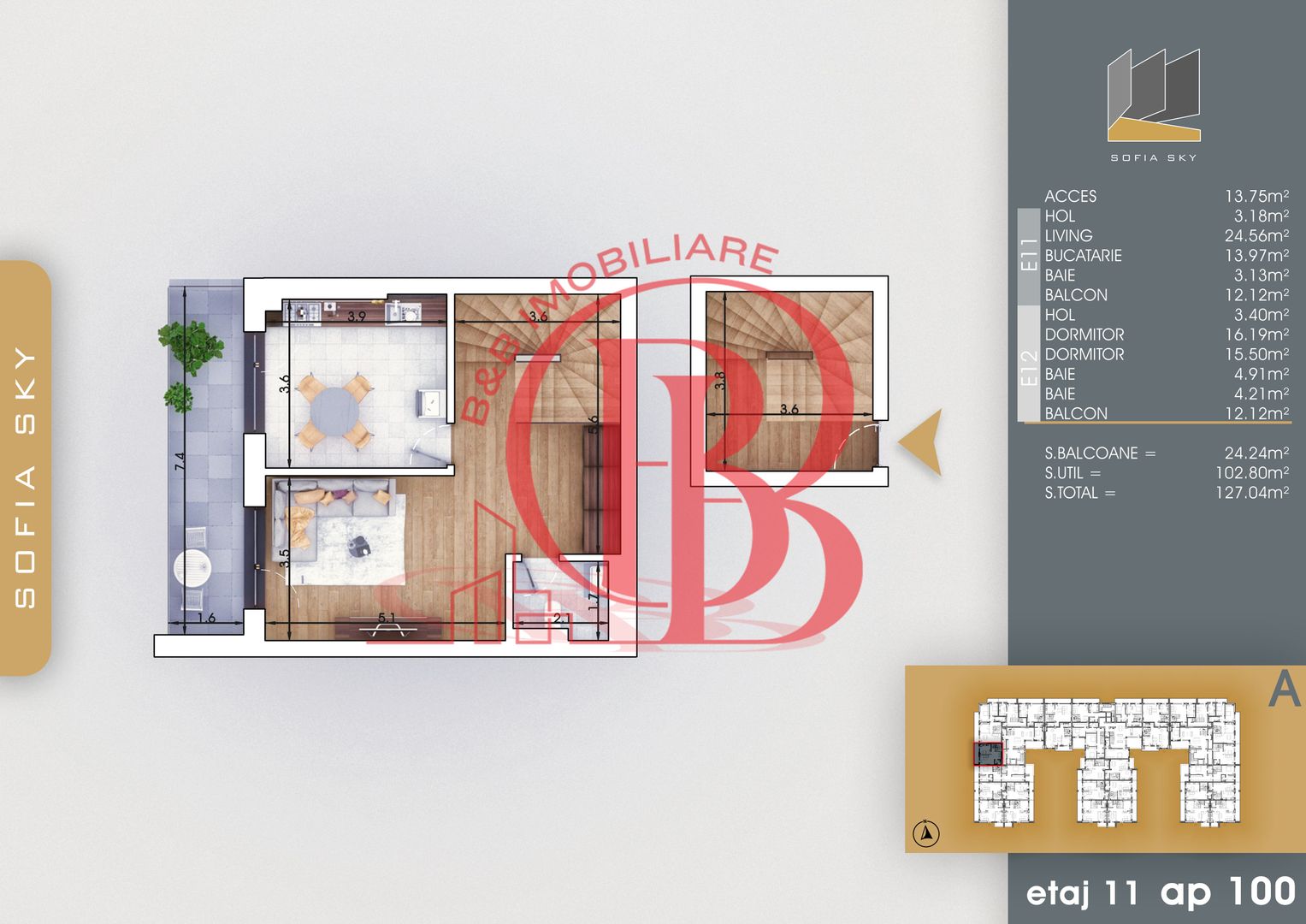 3 Camere modern-Scara interioara-Titan-Pallady-7min metrou - Schiță 2