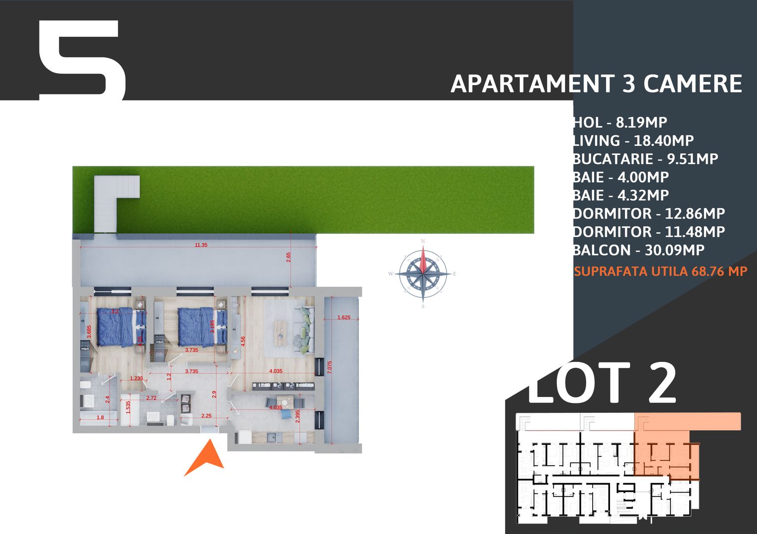 3 camere  cu gradina -parcare inclusa -finalizat - Poză 6
