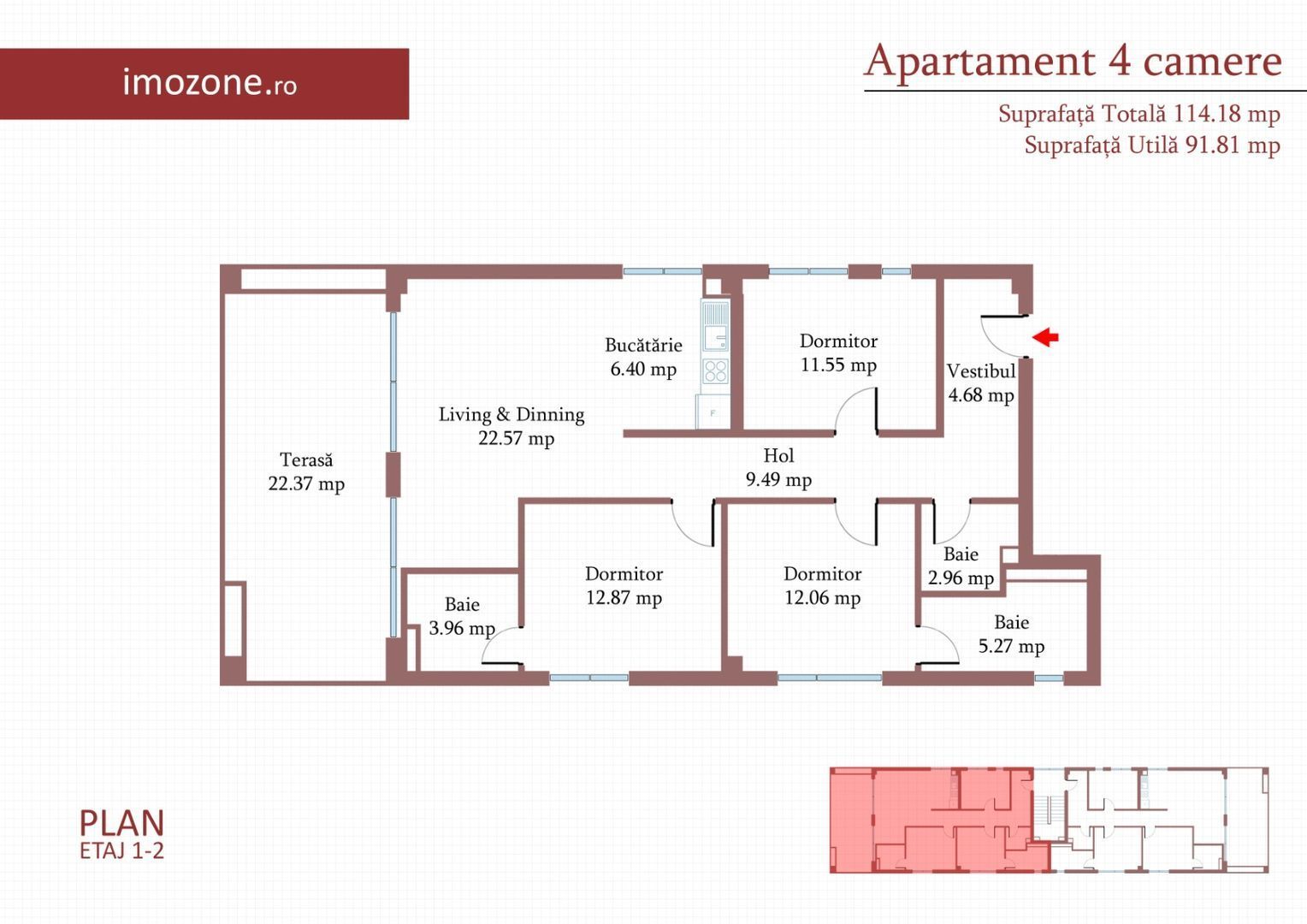 4 camere cu terasa de 22 mp, 3 bai, etaj 1/3, FINISAT MODERN,  COMISION 0% - Poză 2